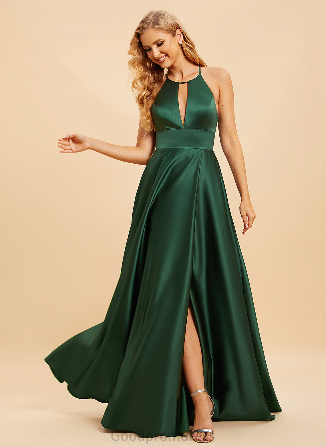 Fabric Silhouette A-Line Floor-Length Neckline Embellishment Length SplitFront HighNeck Jayla Scoop Sleeveless Bridesmaid Dresses