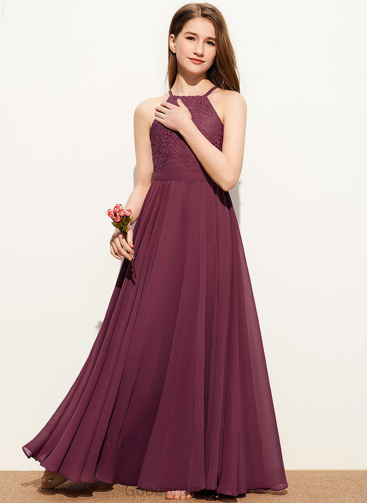 Joan Square Neckline Junior Bridesmaid Dresses Lace A-Line Floor-Length Chiffon