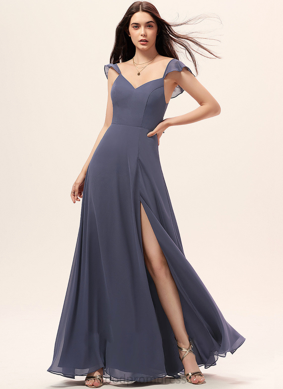 Neckline Silhouette Embellishment Length Fabric Floor-Length V-neck SplitFront A-Line Sara A-Line/Princess Sleeveless Bridesmaid Dresses