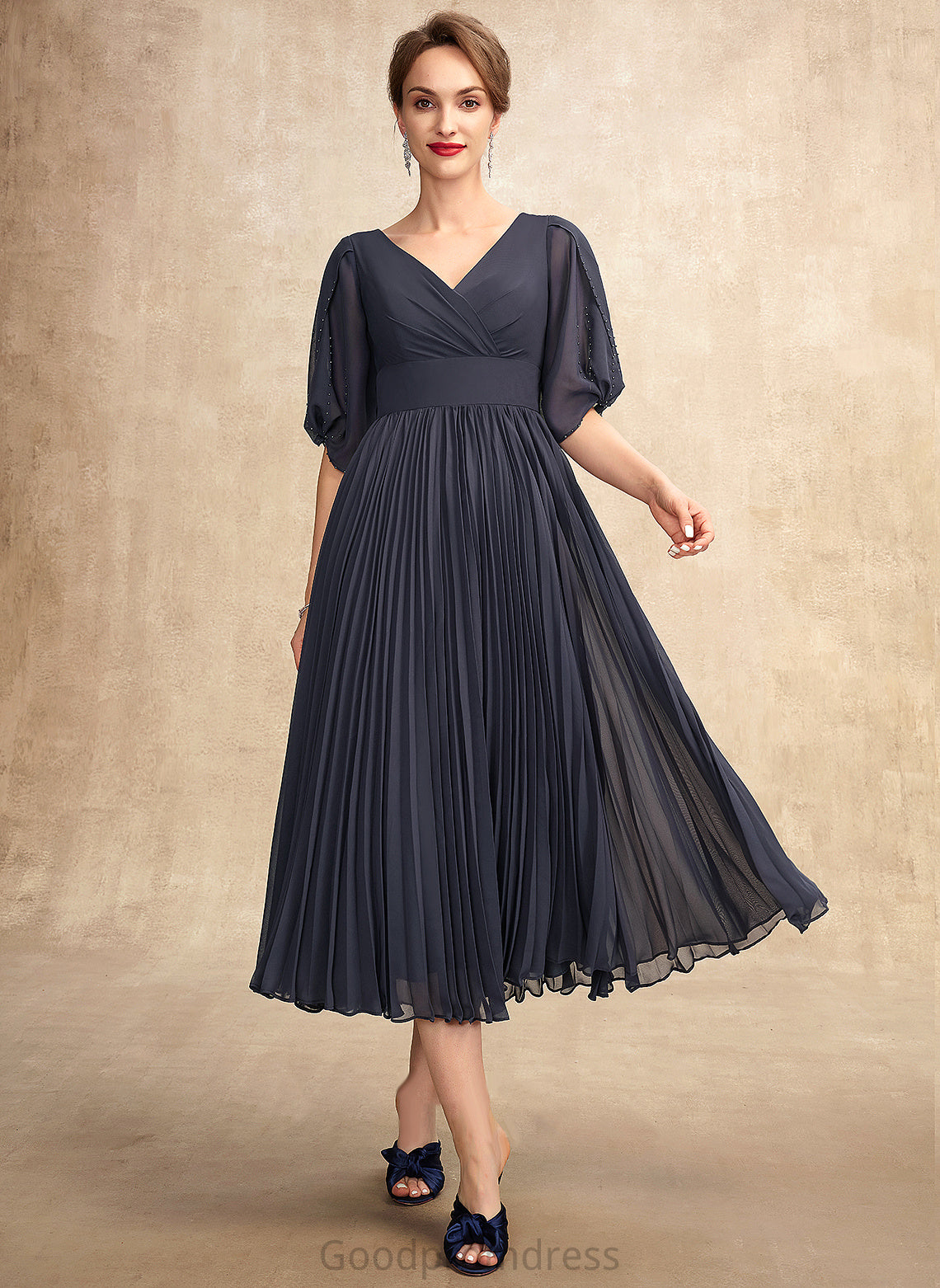 A-Line Chiffon Mother of the Bride Dresses Bride With the Tea-Length Mother Pleated V-neck of Dress Michaela