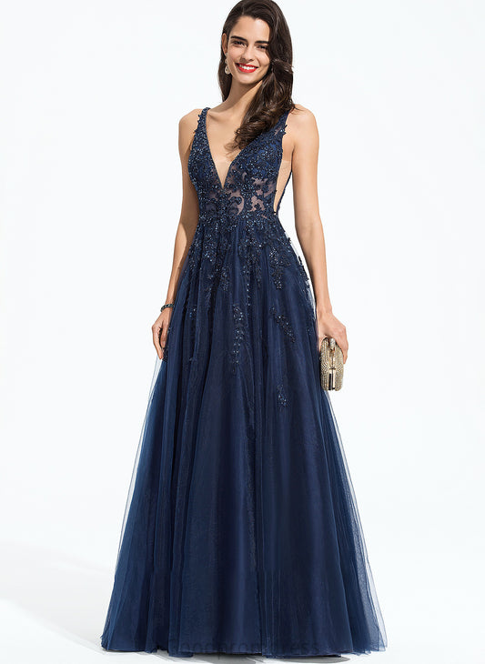 Beading With Tulle Prom Dresses Riya V-neck Floor-Length Sequins A-Line