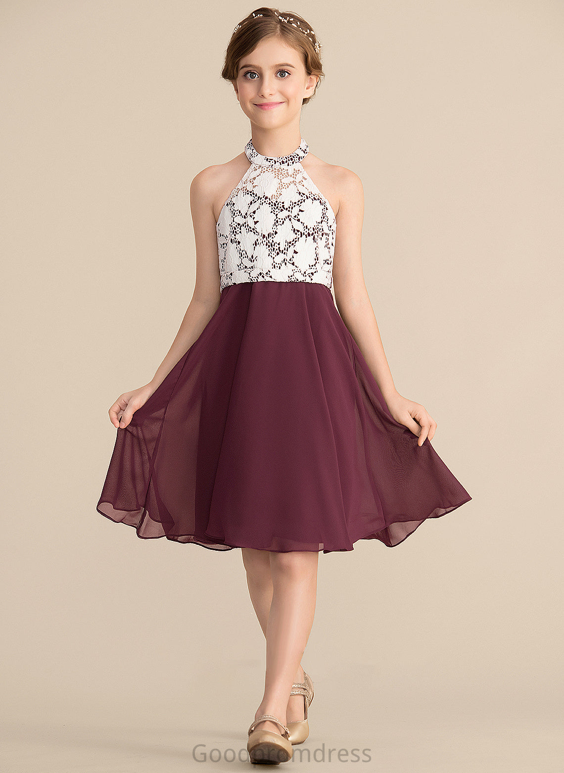 A-Line Stacy Neck Junior Bridesmaid Dresses Chiffon Lace Scoop Knee-Length