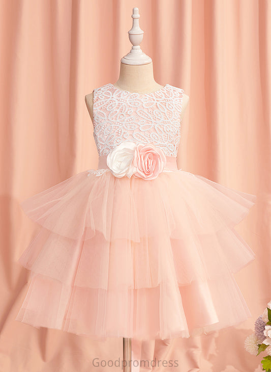 Sleeveless With - Girl Ball-Gown/Princess Scoop Dress Flower Flower Girl Dresses Neck Knee-length Lace/Flower(s)/Back Hole Satin/Tulle Reagan