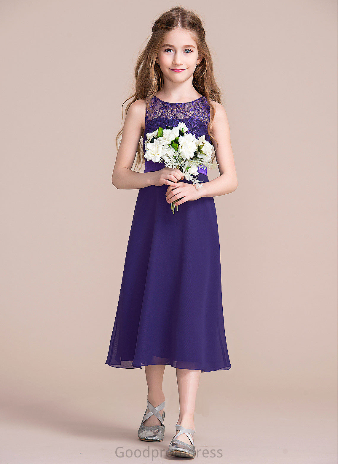 Neck Tea-Length Patsy Junior Bridesmaid Dresses A-Line Scoop Chiffon