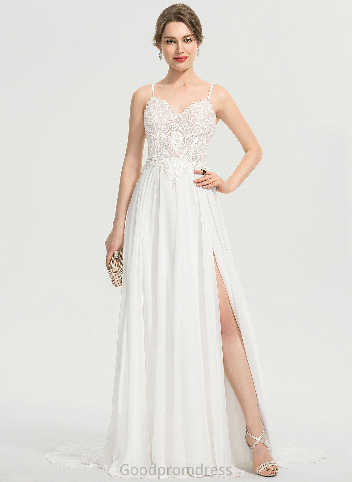 Wedding Dresses Split Wedding Sweep Chiffon With Train Dress V-neck Kiana A-Line Front