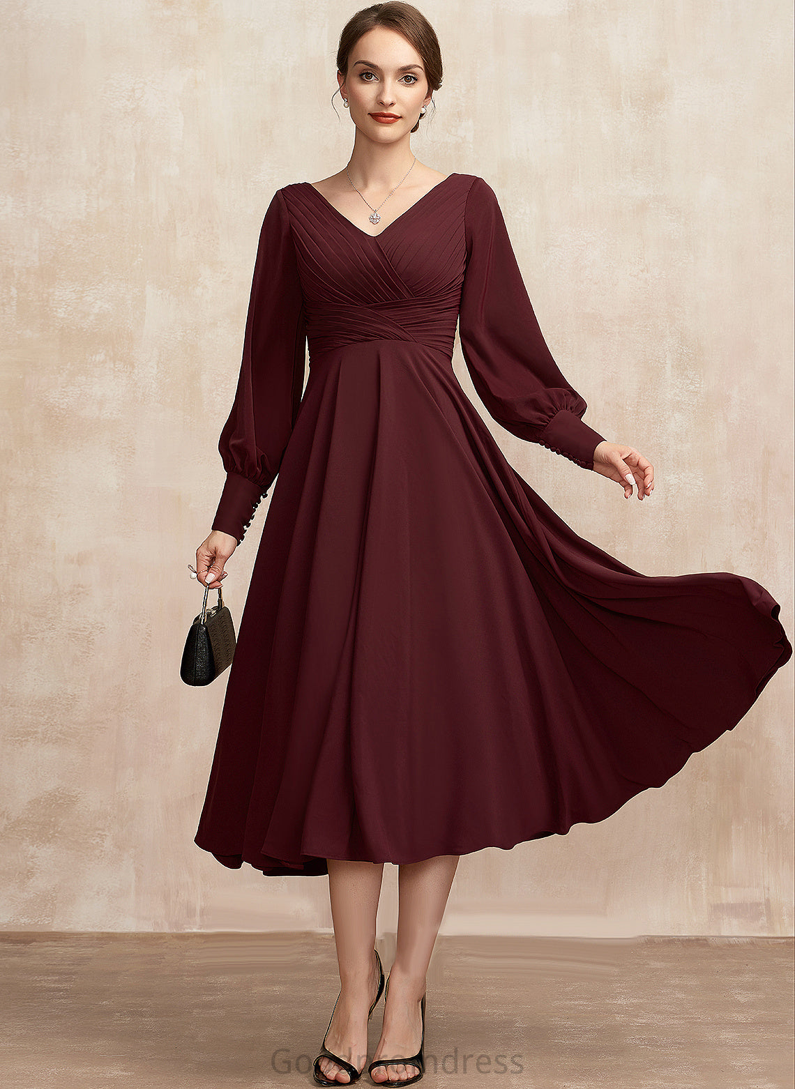 Dress Mother of the Bride Dresses Mother Tea-Length the With Bride Alisha of A-Line V-neck Ruffle