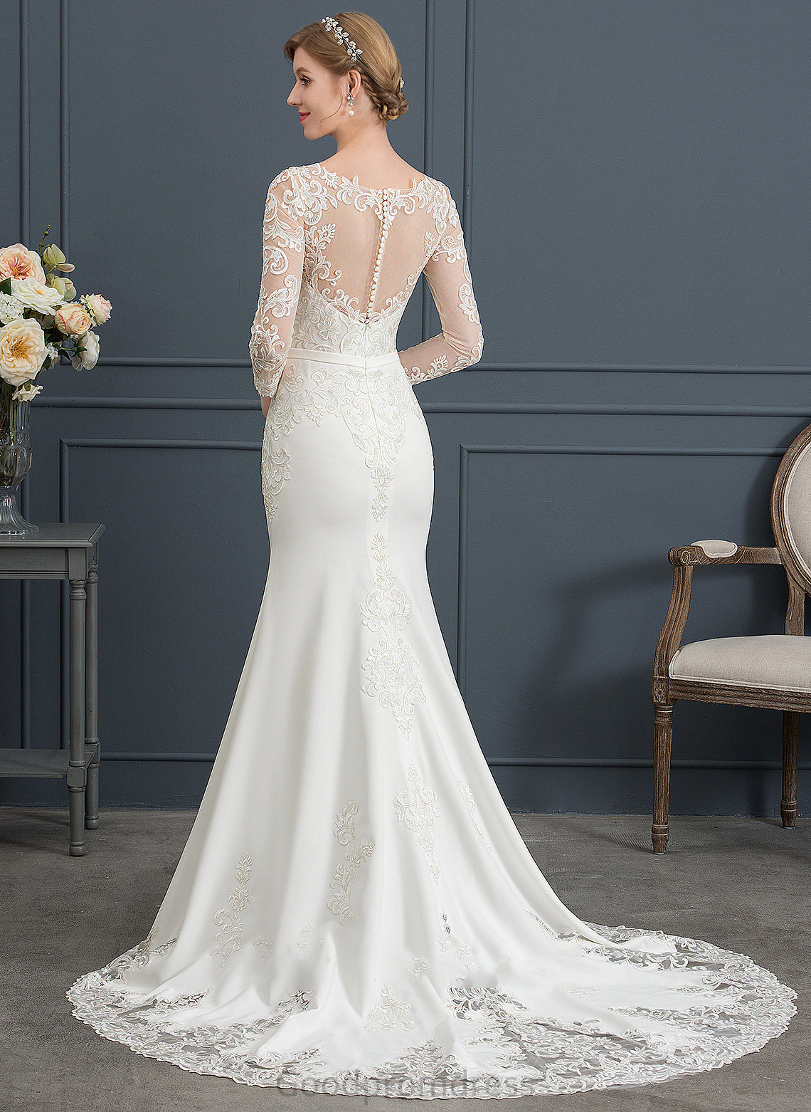 Illusion Stretch Train Wedding Dresses Trumpet/Mermaid Crepe With Lace Gwendoline Chapel Wedding Dress