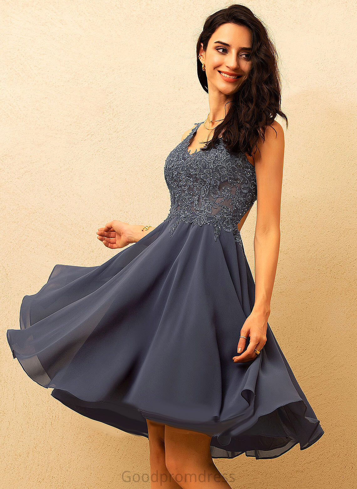 Chiffon Prom Dresses Aleena Lace Short/Mini A-Line V-neck With Beading