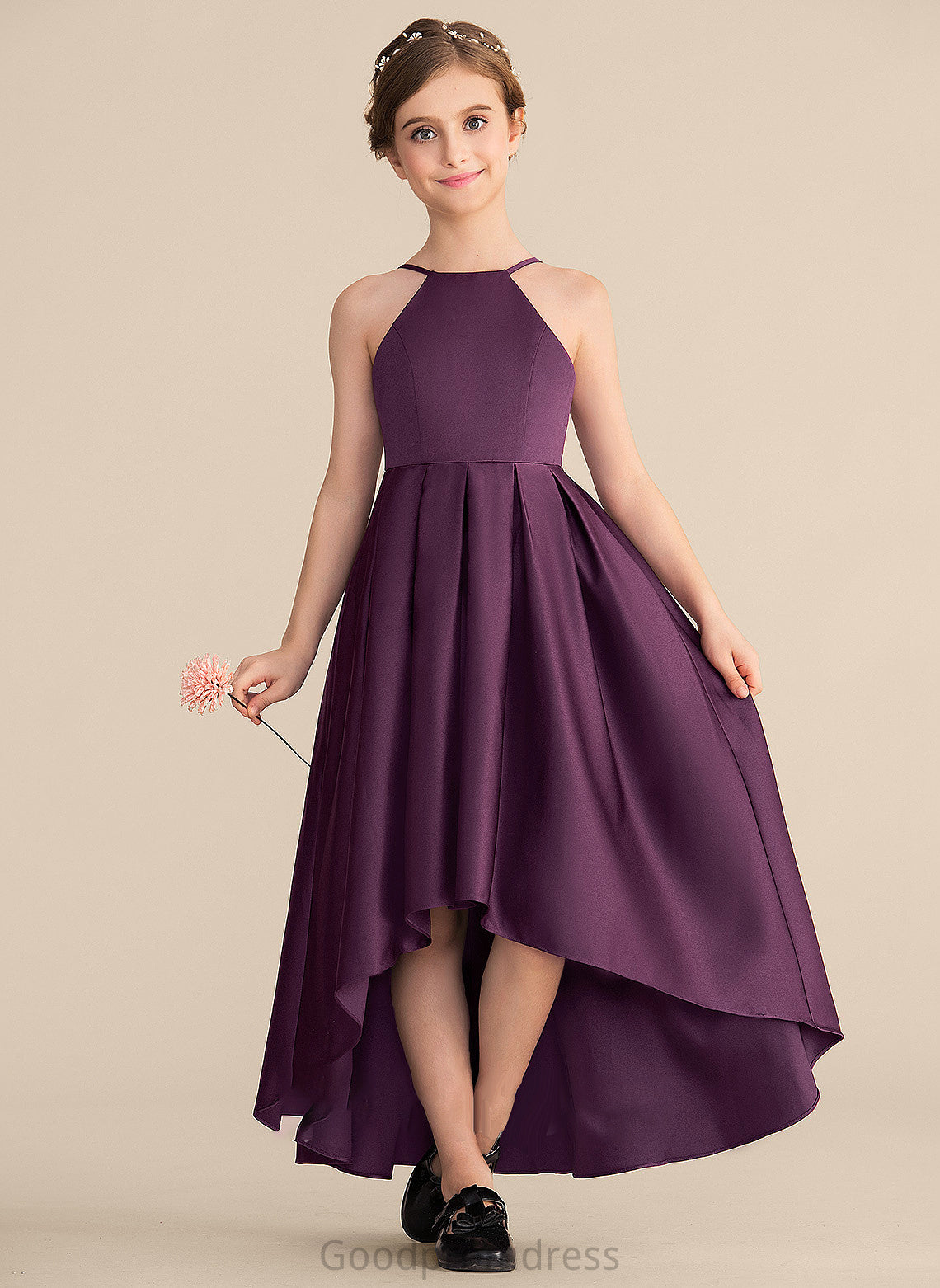 With Neck Scoop A-Line Satin Junior Bridesmaid Dresses Asymmetrical Ruffle Lillianna