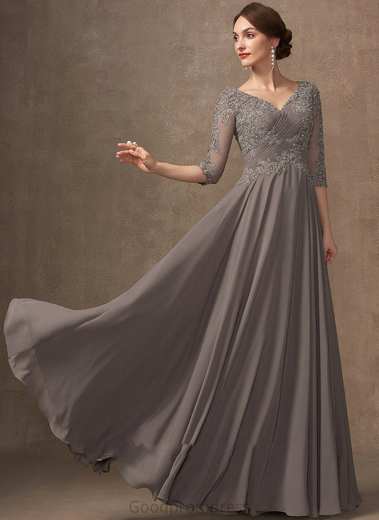 Mother of Mother of the Bride Dresses Beading Riya the Floor-Length With Dress V-neck Sequins A-Line Chiffon Bride Lace