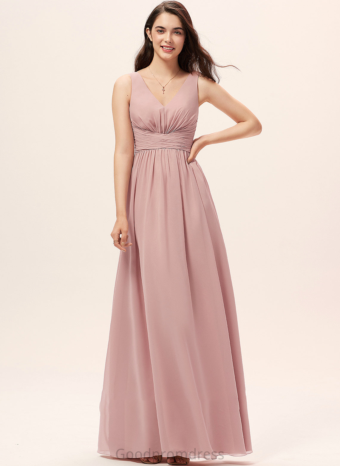 A-Line Ruffle Length Neckline Embellishment Fabric Floor-Length V-neck Silhouette Annabella A-Line/Princess Natural Waist Bridesmaid Dresses