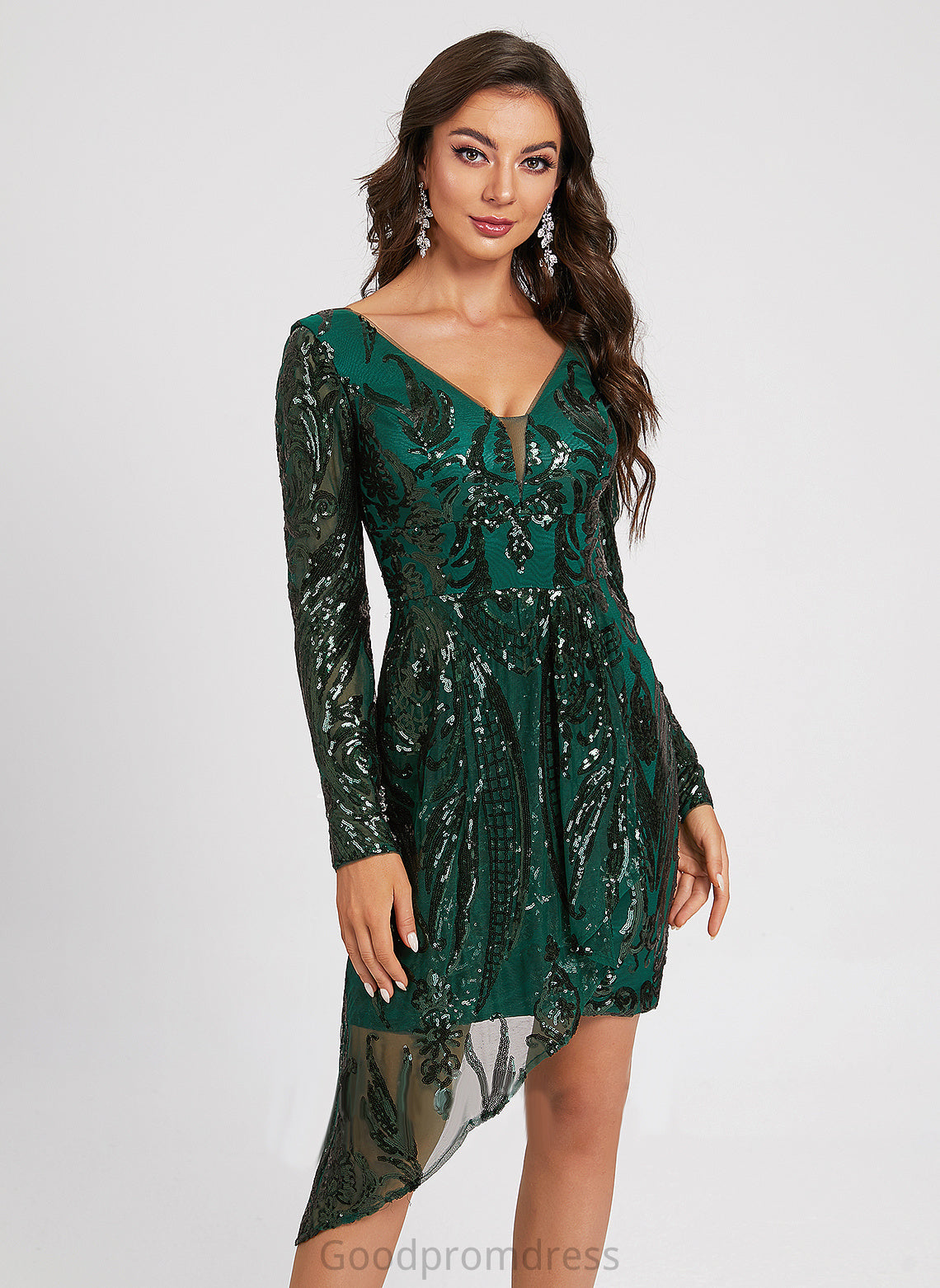 Cocktail With V-neck Sheath/Column Sequins Dress Lace Cocktail Dresses Lace Sequined Jordan Asymmetrical