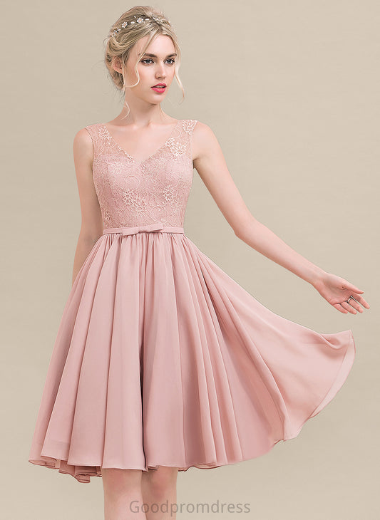 Chiffon Jillian Cocktail V-neck A-Line With Knee-Length Cocktail Dresses Lace Bow(s) Dress Lace