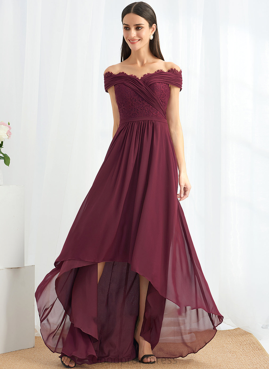 Asymmetrical Fabric Silhouette Off-the-Shoulder Length Neckline Embellishment A-Line Lace Mylee Sleeveless A-Line/Princess Bridesmaid Dresses