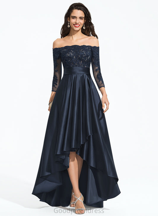 Sequins Asymmetrical Satin With Prom Dresses Jan Ruffle Off-the-Shoulder Lace A-Line