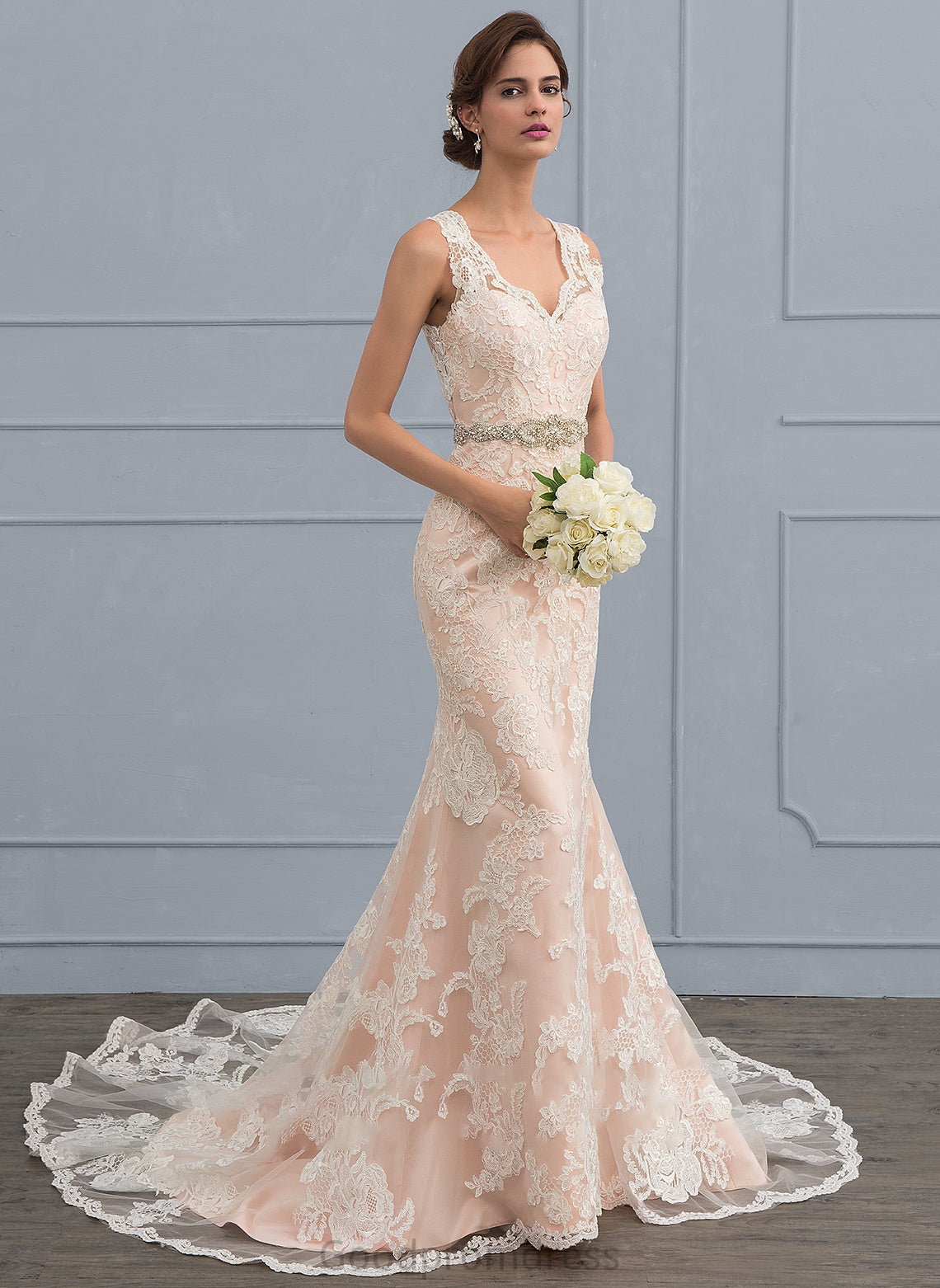 Lace Beading Dress Gill With Wedding Chapel Wedding Dresses V-neck Train Trumpet/Mermaid Tulle