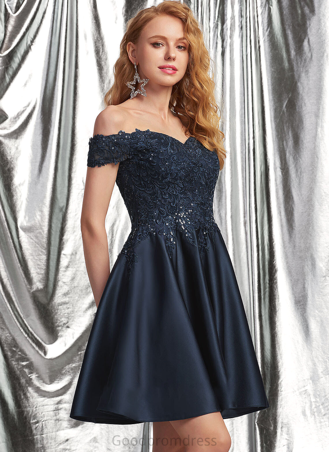 Lace With Prom Dresses Raegan Satin Sequins A-Line Short/Mini Off-the-Shoulder