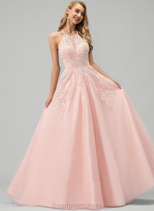 Floor-Length Sequins Scoop Lace Ball-Gown/Princess Prom Dresses Marilyn Tulle With Beading Neck