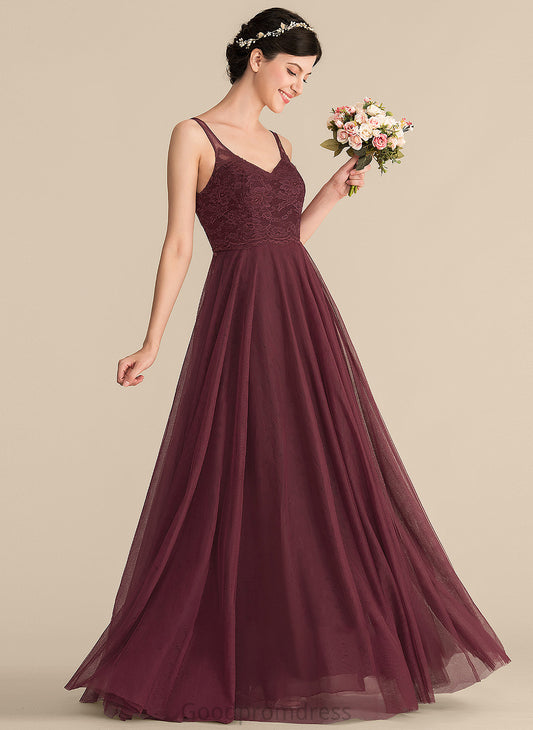 Silhouette Straps Neckline Lace Tulle Length Floor-Length A-Line V-neck Fabric Poll Spaghetti Staps Bridesmaid Dresses