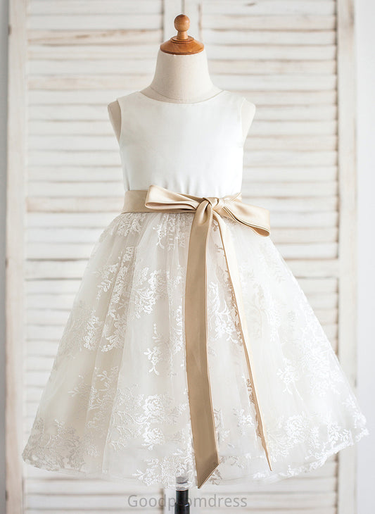 Flower Scoop - Satin/Lace Sash A-Line/Princess Jeanie Neck Girl Dress Sleeveless With Knee-length Flower Girl Dresses