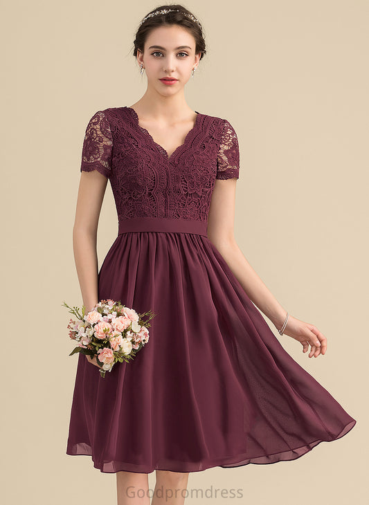 Knee-Length Emery With Chiffon A-Line Lace Lace Cocktail Dress V-neck Cocktail Dresses