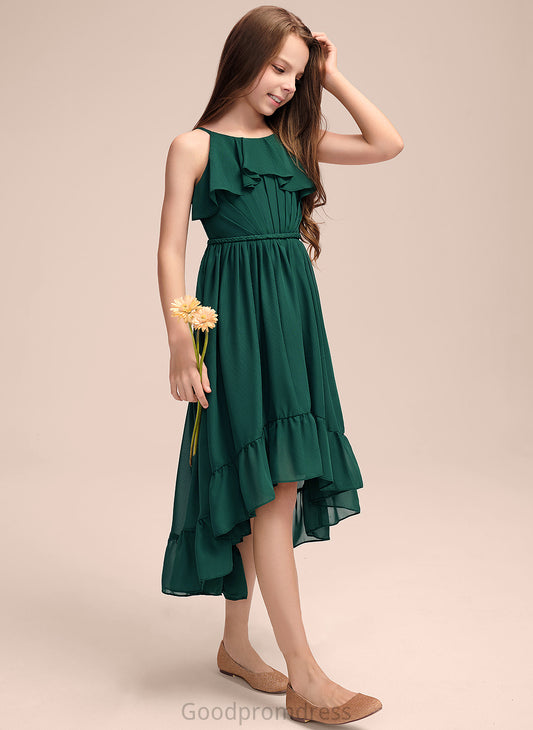 Chiffon Selena Scoop Ruffles Neck Asymmetrical With Cascading A-Line Junior Bridesmaid Dresses