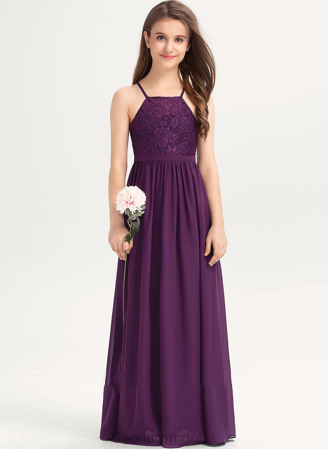 Lace Square Chiffon Junior Bridesmaid Dresses With Floor-Length Neckline Bow(s) Celia A-Line