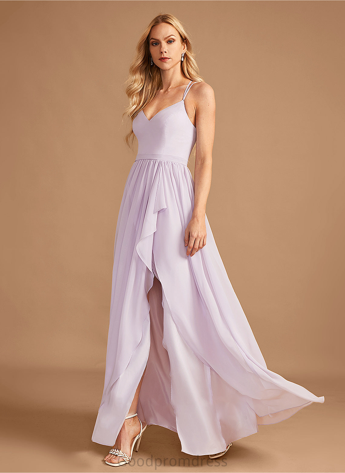 Neckline A-Line Ruffle V-neck SplitFront Embellishment Fabric Silhouette Asymmetrical Length Kylie V-Neck Bridesmaid Dresses