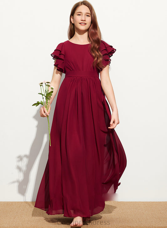 A-Line Cascading Neck Harley Scoop Junior Bridesmaid Dresses Floor-Length Chiffon Ruffles With