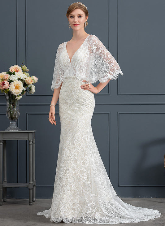 Lace Trumpet/Mermaid Wedding Dresses Wedding Sequins Train Stacy Sweep Dress V-neck With Beading