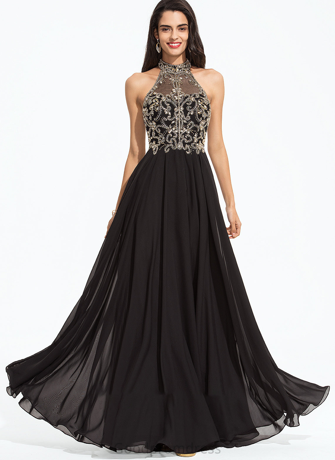 With High Chiffon Prom Dresses Sequins Beading Floor-Length Lynn A-Line Neck