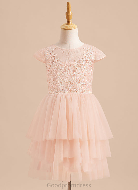 Knee-length - Damaris Flower Girl Dresses A-Line Back Flower Dress Girl Tulle With Scoop Lace/V Short Neck Sleeves