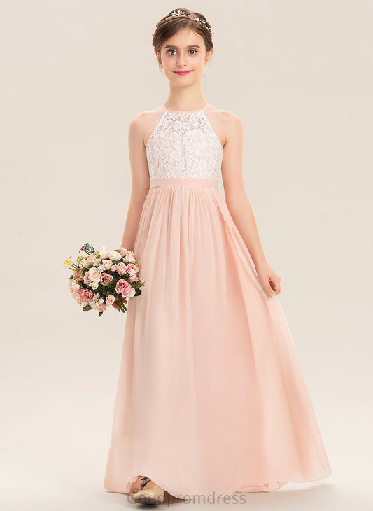 Meredith Junior Bridesmaid Dresses Neck Chiffon A-Line Floor-Length Scoop Lace