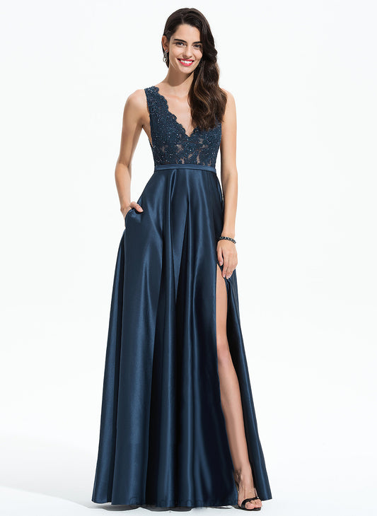 V-neck With Floor-Length Sequins Satin A-Line Lace Prom Dresses Rose