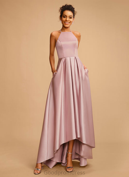 A-Line Tia Neckline Square Satin Prom Dresses Asymmetrical