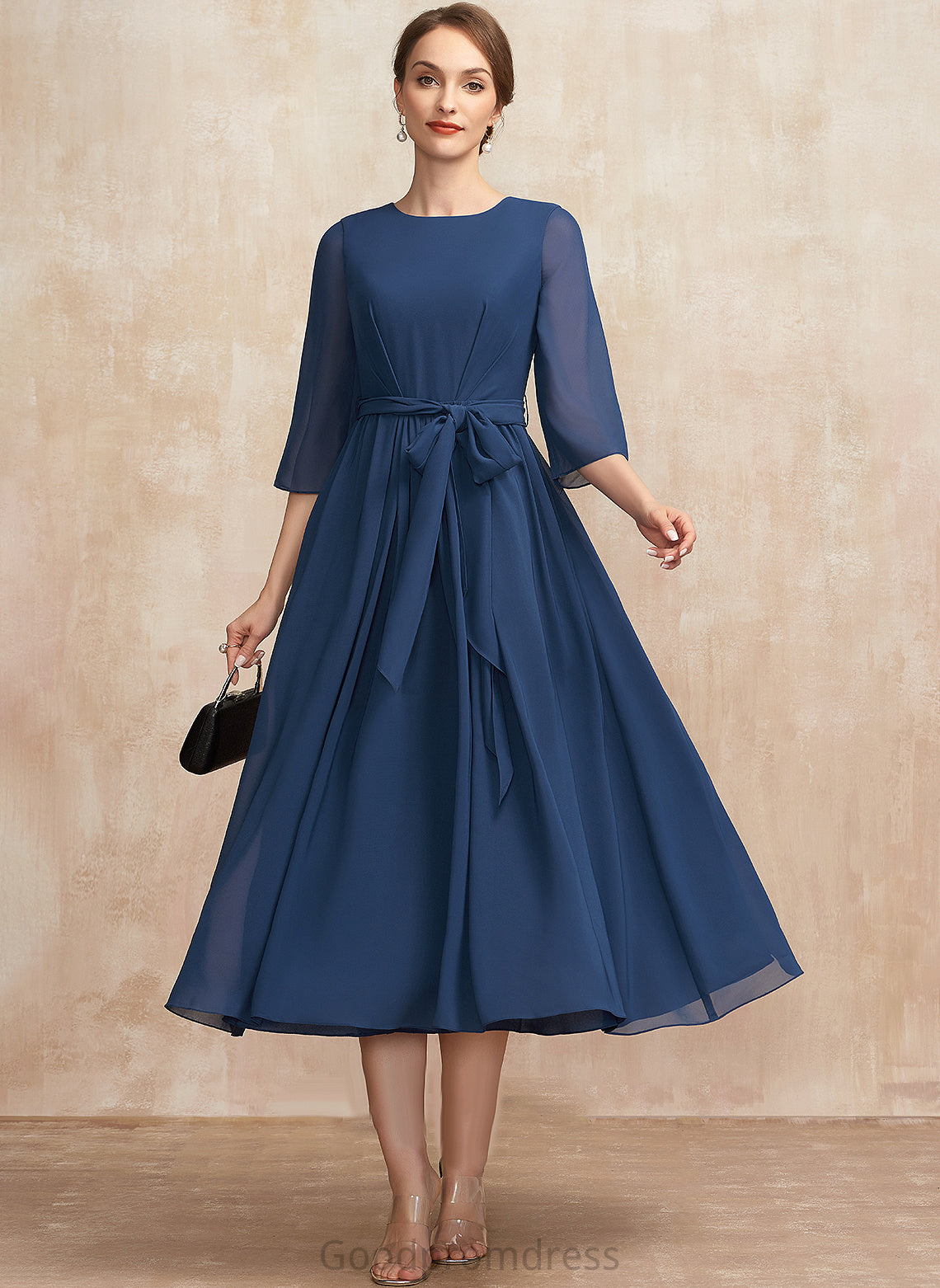 Chiffon Braelyn Mother of the Bride Dresses With the Bow(s) Neck Mother Scoop Tea-Length Bride of A-Line Dress Ruffle