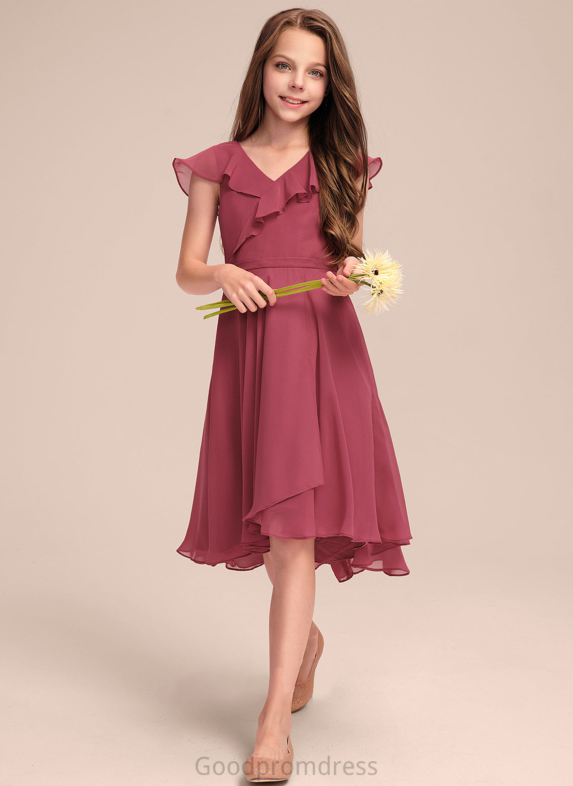 Yaretzi Ruffles Cascading A-Line With Junior Bridesmaid Dresses Asymmetrical Chiffon V-neck