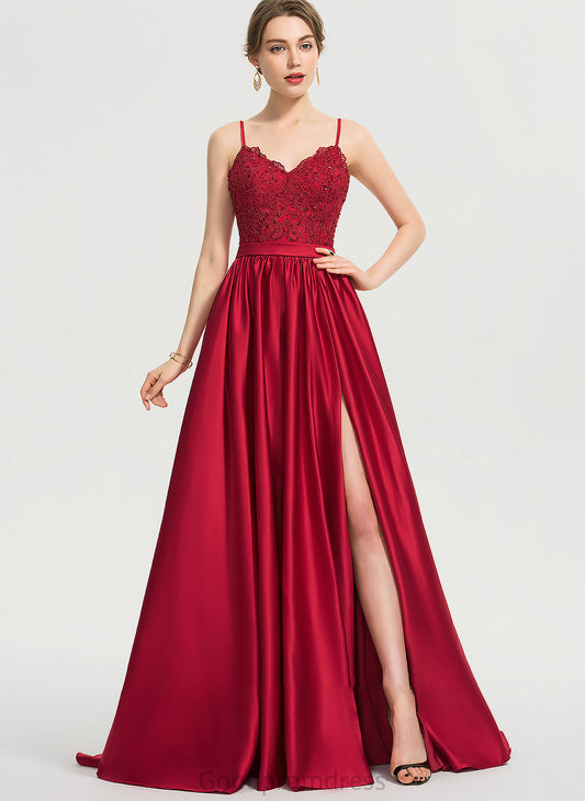 Beading Train Sequins Front With Jocelynn Sweep Ball-Gown/Princess Split V-neck Prom Dresses Satin