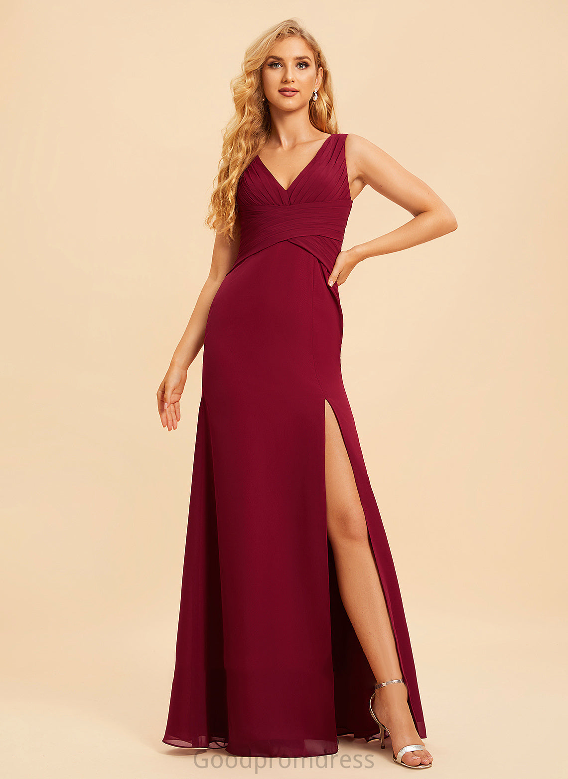 Length Floor-Length Silhouette SplitFront Embellishment Neckline Fabric Trumpet/Mermaid V-neck Hortensia Cap Sleeves Natural Waist Bridesmaid Dresses