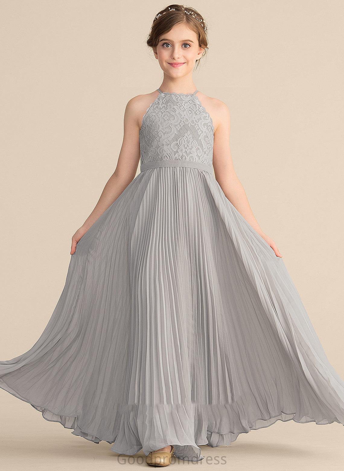 Lace Pleated Neck Delilah Chiffon Junior Bridesmaid Dresses Scoop A-Line With Floor-Length