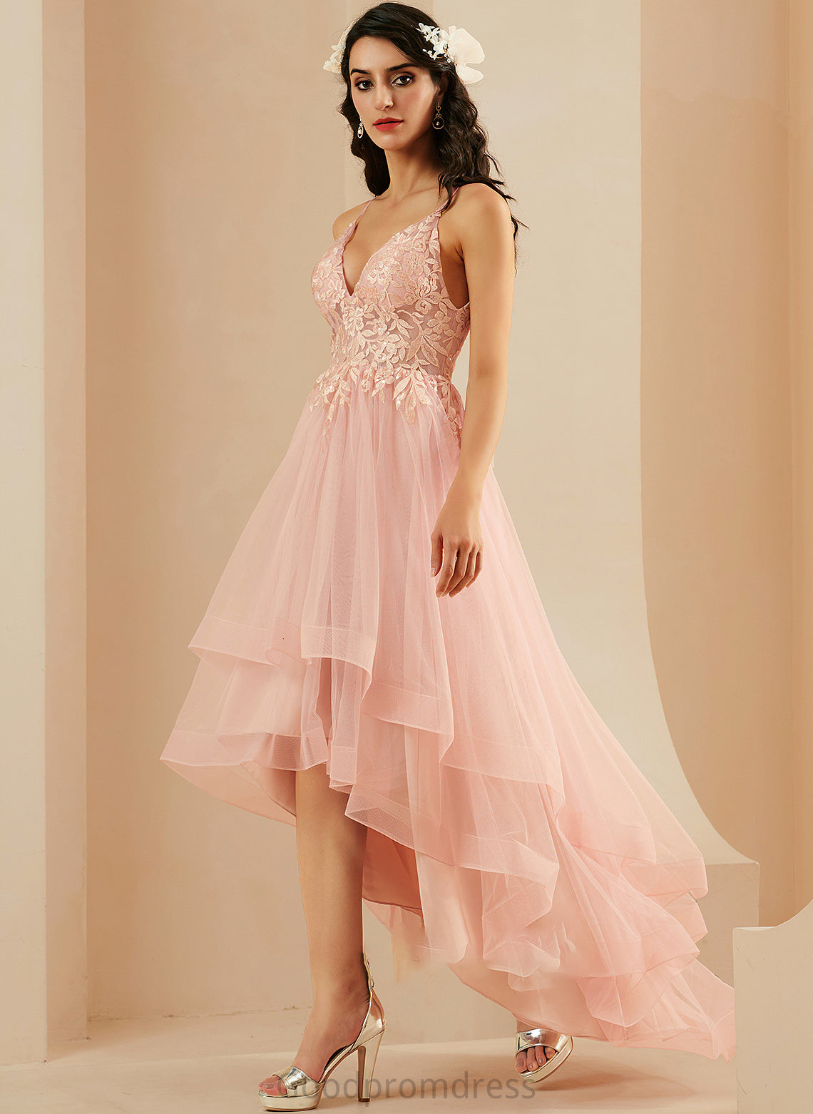 Lace Prom Dresses Asymmetrical Tulle Monique Ball-Gown/Princess V-neck With