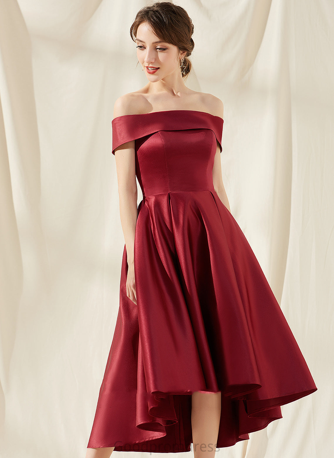 Dress Karli Asymmetrical Homecoming Dresses A-Line Pockets With Off-the-Shoulder Homecoming Satin