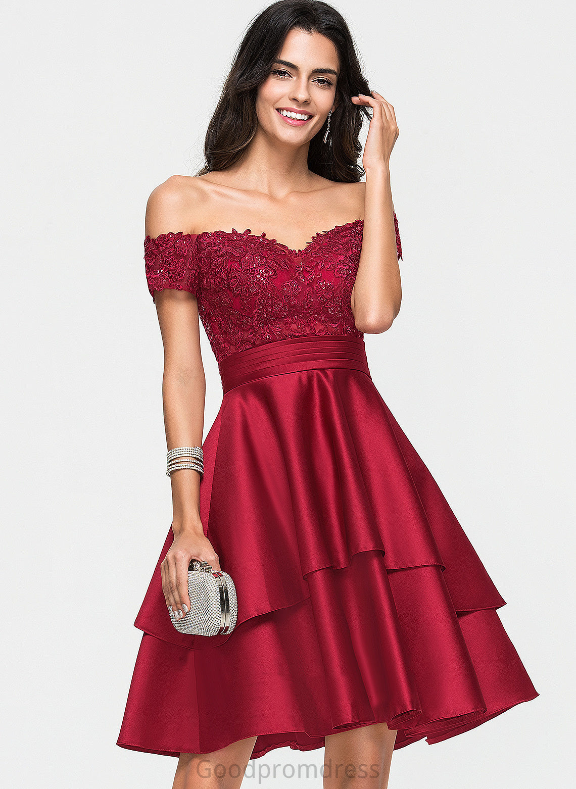 Homecoming Dresses With Satin Lace A-Line Sequins Lorelei Knee-Length Off-the-Shoulder Homecoming Dress