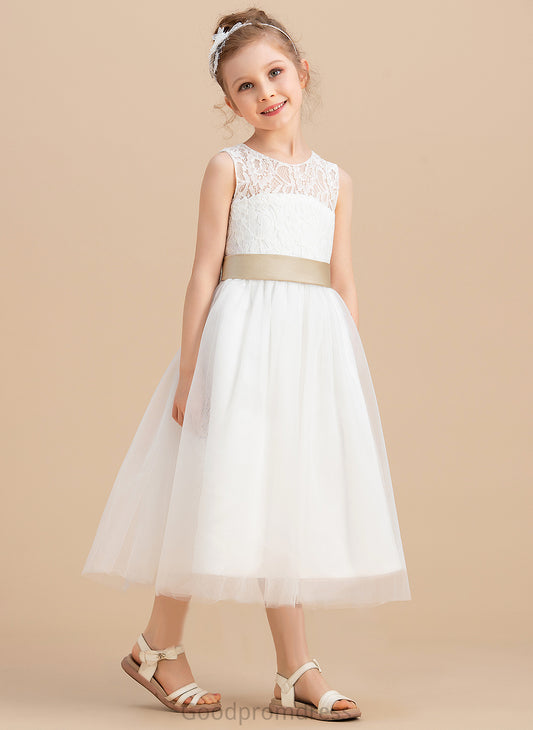 A-Line/Princess Tulle/Lace Scoop Neck Sleeveless Dress Flower Girl Dresses Flower Tea-length Hole Sash/Bow(s)/Back Girl Jenny - With