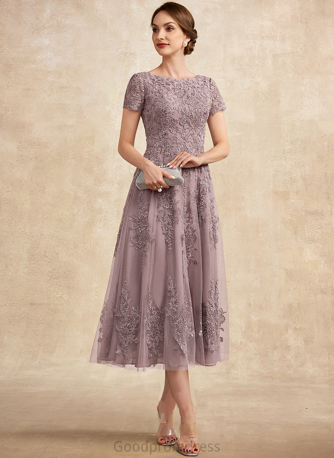 Sahna Neck Mother A-Line Lace Scoop Dress Bride Tea-Length Tulle of the Mother of the Bride Dresses