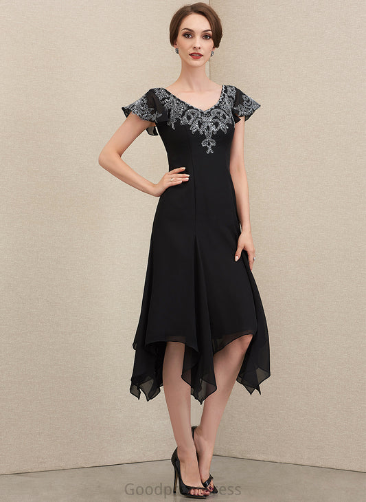 Mother Tea-Length Lace Chiffon V-neck Dress Mother of the Bride Dresses the A-Line With of Bride Sequins Amiah