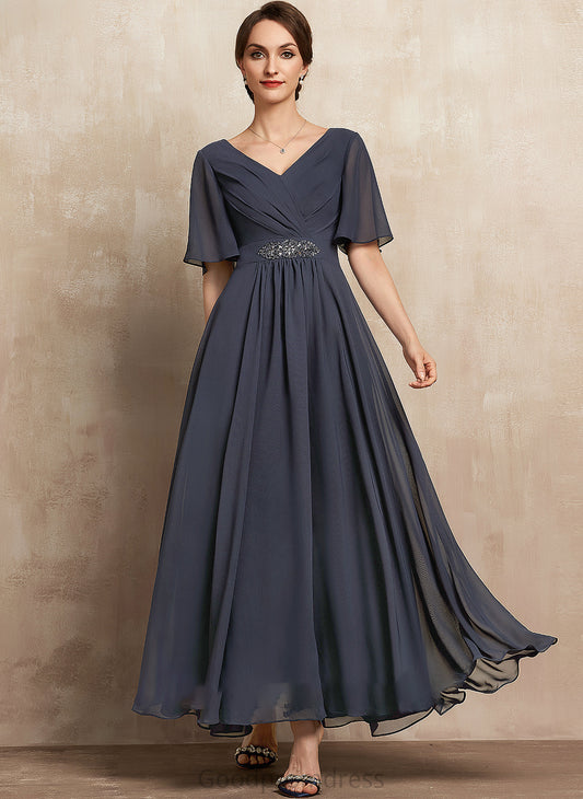 Chiffon of Bride Mother Ruffle Beading With Ankle-Length Sequins the A-Line Mother of the Bride Dresses Dress V-neck Caitlin