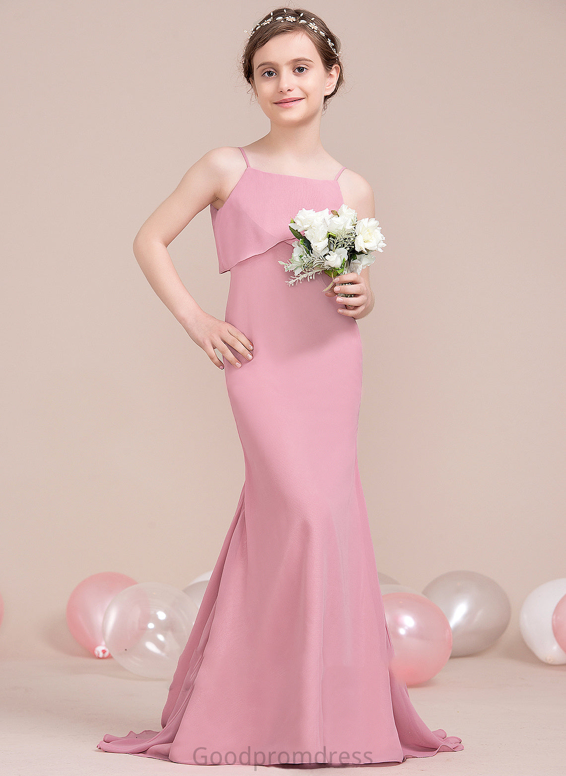 Junior Bridesmaid Dresses Chiffon Cascading Neckline Train Ally Trumpet/Mermaid With Ruffles Sweep Square