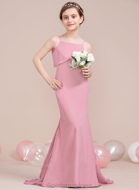 Junior Bridesmaid Dresses Chiffon Cascading Neckline Train Ally Trumpet/Mermaid With Ruffles Sweep Square