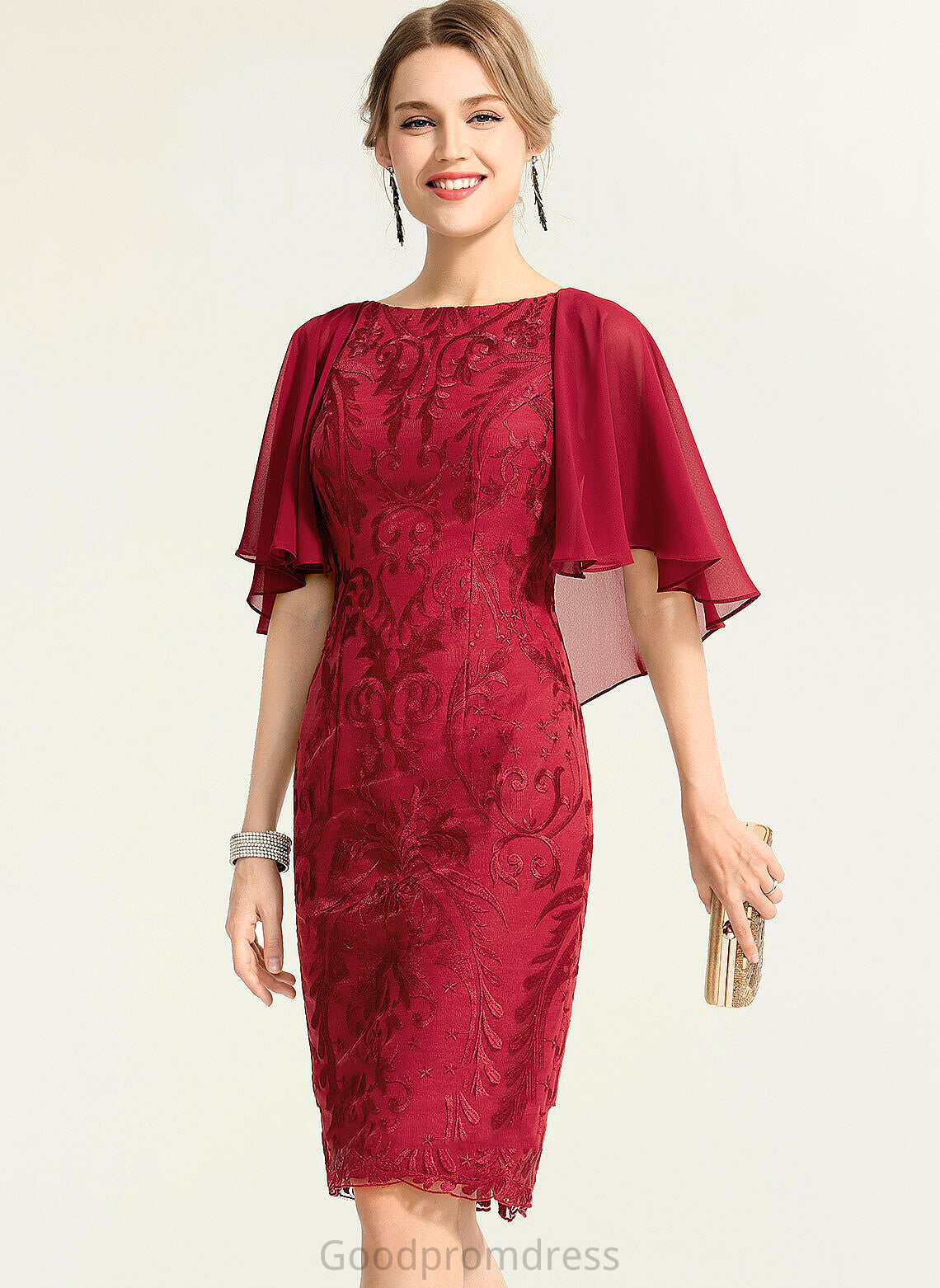 Sheath/Column Cocktail Jazmyn Cocktail Dresses Scoop Chiffon Lace Neck Knee-Length Dress